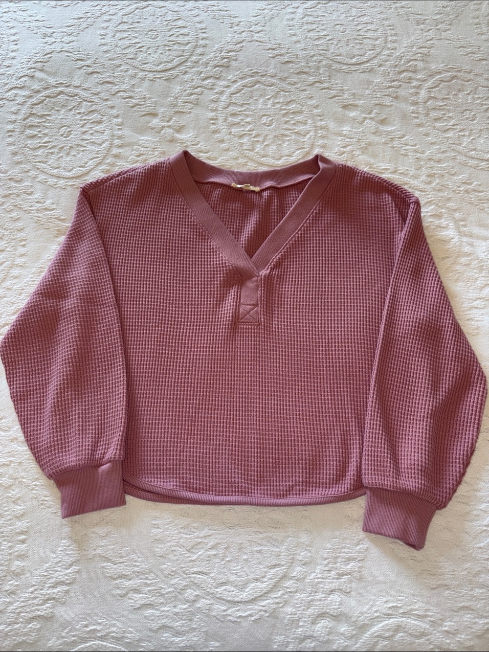 Madewell Women's Crop Mauve Waffle V-Neck Pullover Top BNWOT L